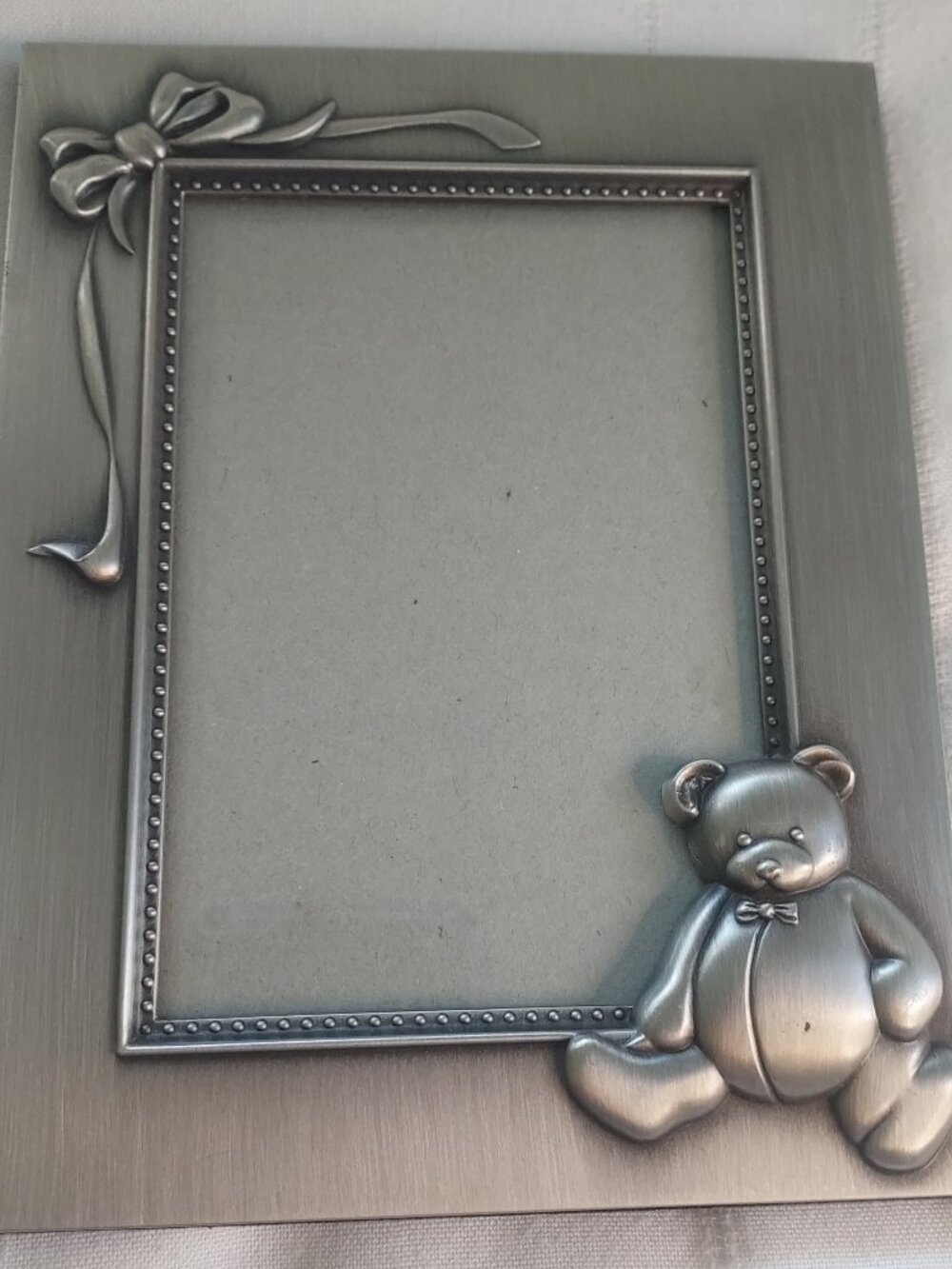 Burnes Of Boston Brushed Silver Picture Frame W/Teddy Bear & Bow Size 3.5" X 5"